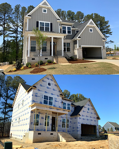 View of one house at two stages, pre-drywall and completed